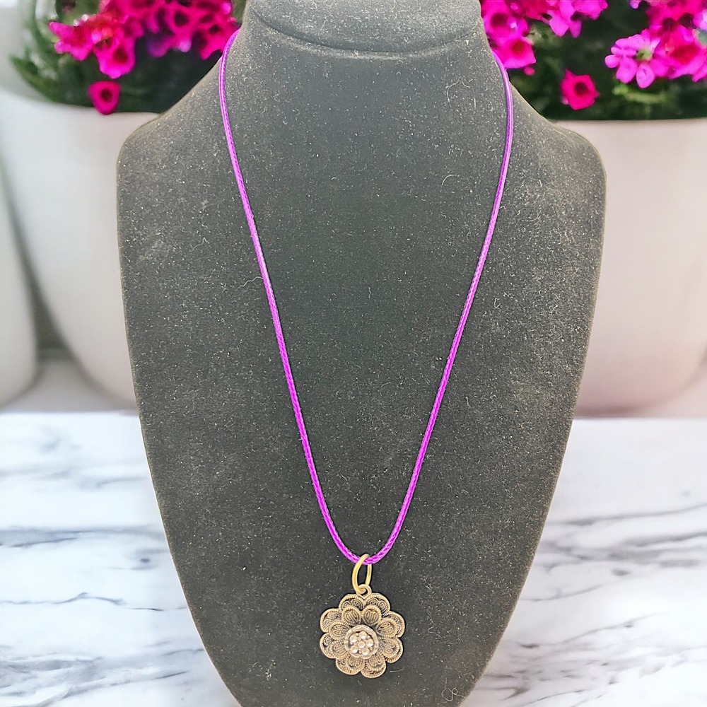 Vintage Brass 3-Level Flower with Rhinestones Necklace on a Purple Leather Cord!